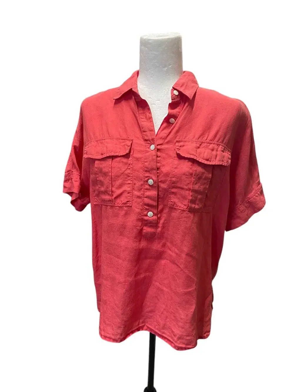 J. Crew Baird McNutt Linen Popover Blouse Hi-Lo Hem Coral Pink Womens Size 4
